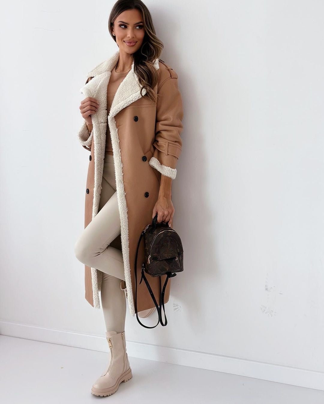 Women's Sherpa-Lined Trench Coat – Button-Front Winter Coat