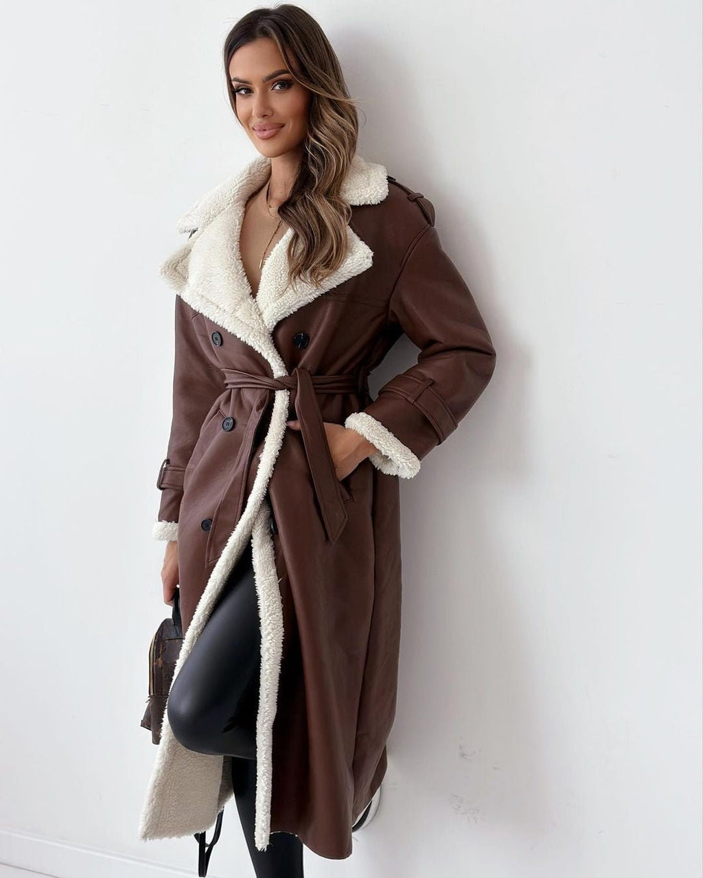 Women's Sherpa-Lined Trench Coat – Button-Front Winter Coat