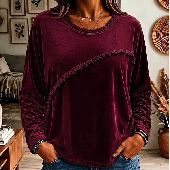 Women's Crew Neck Tunic - Long Sleeve Sweater Dress with Fringe Details