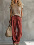 Women's Knit Top and Wide-Leg Trousers Set – Short Sleeve Two-Piece Outfit