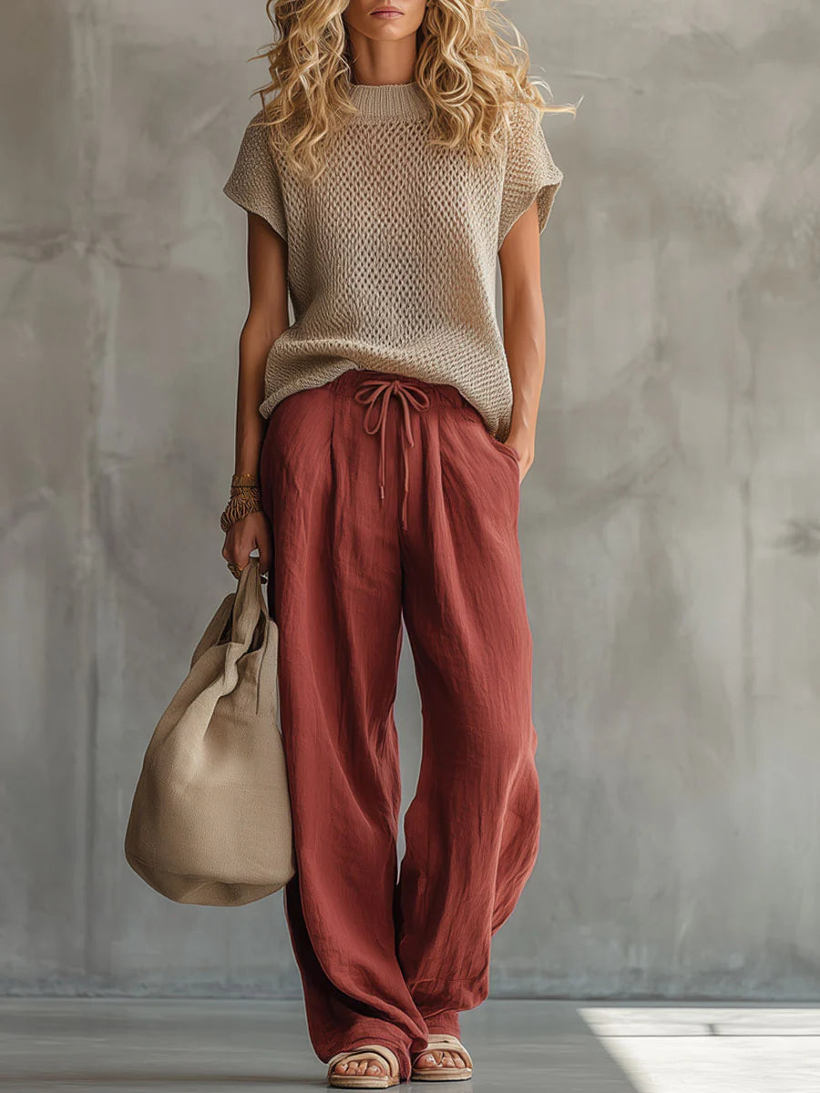 Women's Knit Top and Wide-Leg Trousers Set – Short Sleeve Two-Piece Outfit