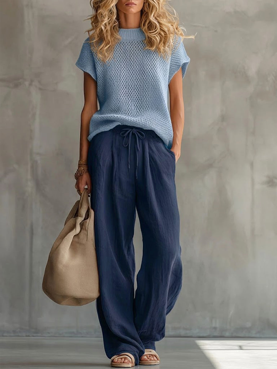 Women's Knit Top and Wide-Leg Trousers Set – Short Sleeve Two-Piece Outfit