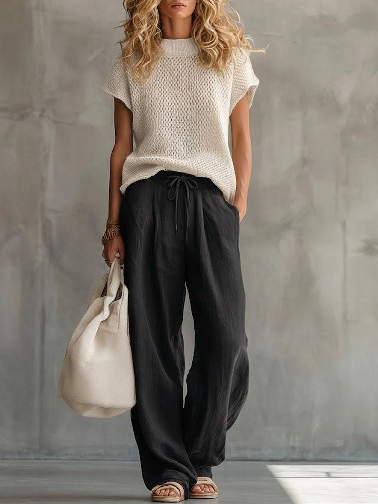 Women's Knit Top and Wide-Leg Trousers Set – Short Sleeve Two-Piece Outfit
