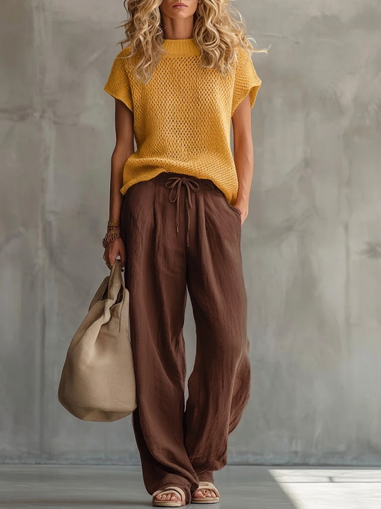 Women's Knit Top and Wide-Leg Trousers Set – Short Sleeve Two-Piece Outfit