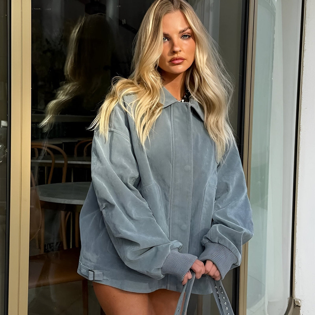 Women's Oversized Faux Suede Bomber Jacket - Casual Point Collar Shacket