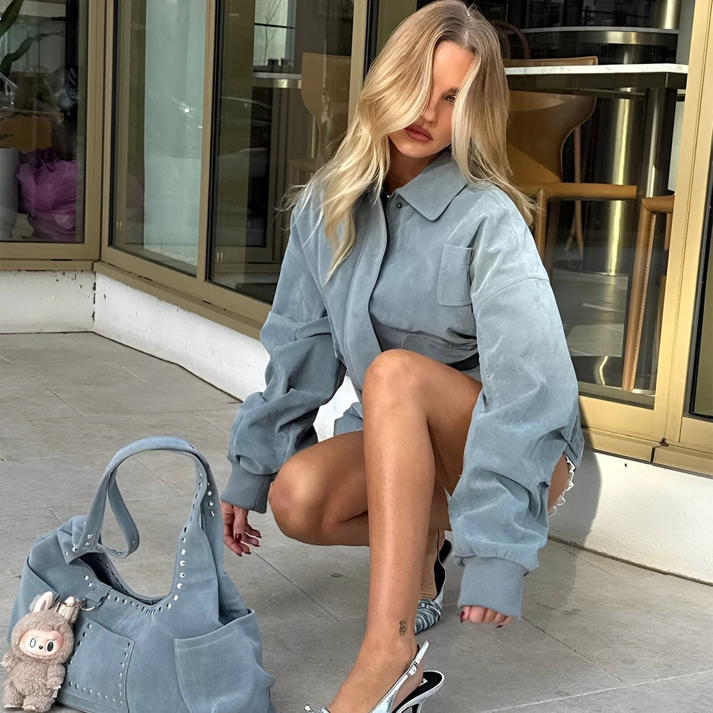 Women's Oversized Faux Suede Bomber Jacket - Casual Point Collar Shacket