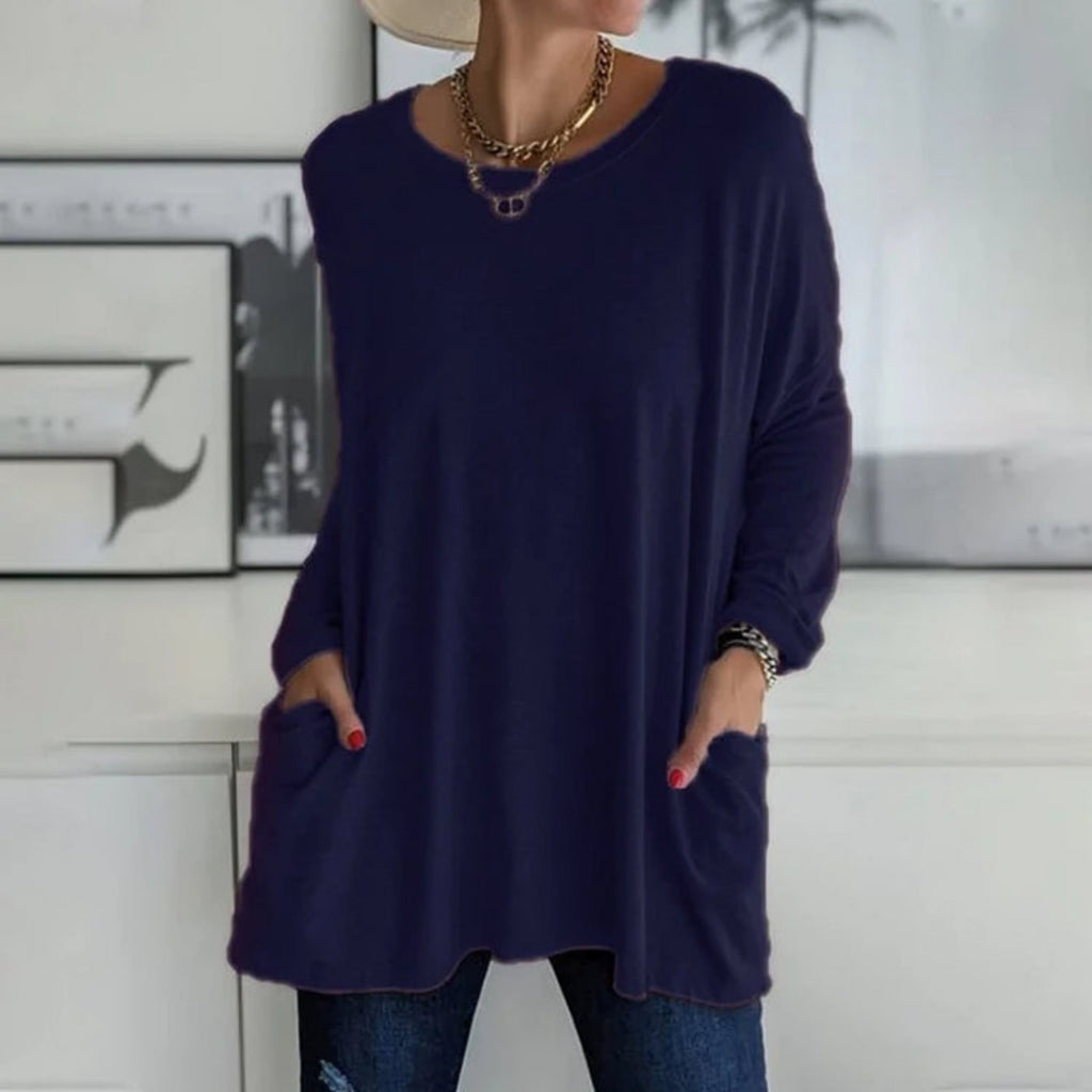 Women's Oversized Longline Knit Sweater - Casual Tunic Pullover with Pockets