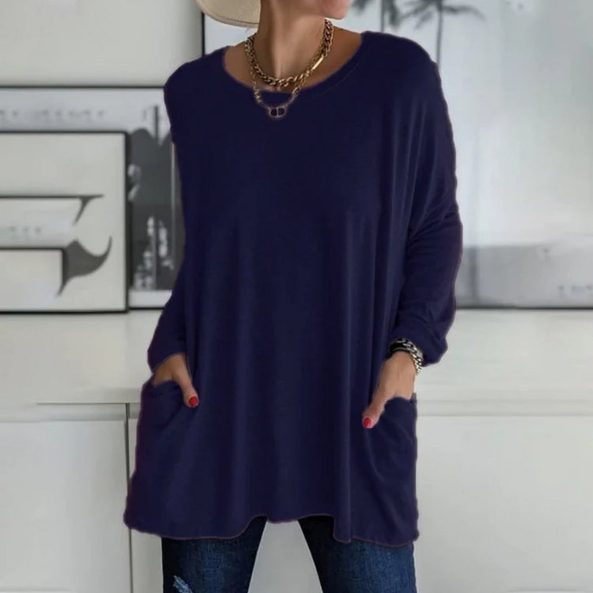 Women's Oversized Longline Knit Sweater - Casual Tunic Pullover with Pockets
