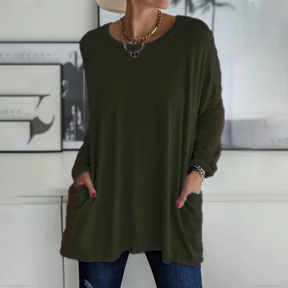 Women's Oversized Longline Knit Sweater - Casual Tunic Pullover with Pockets