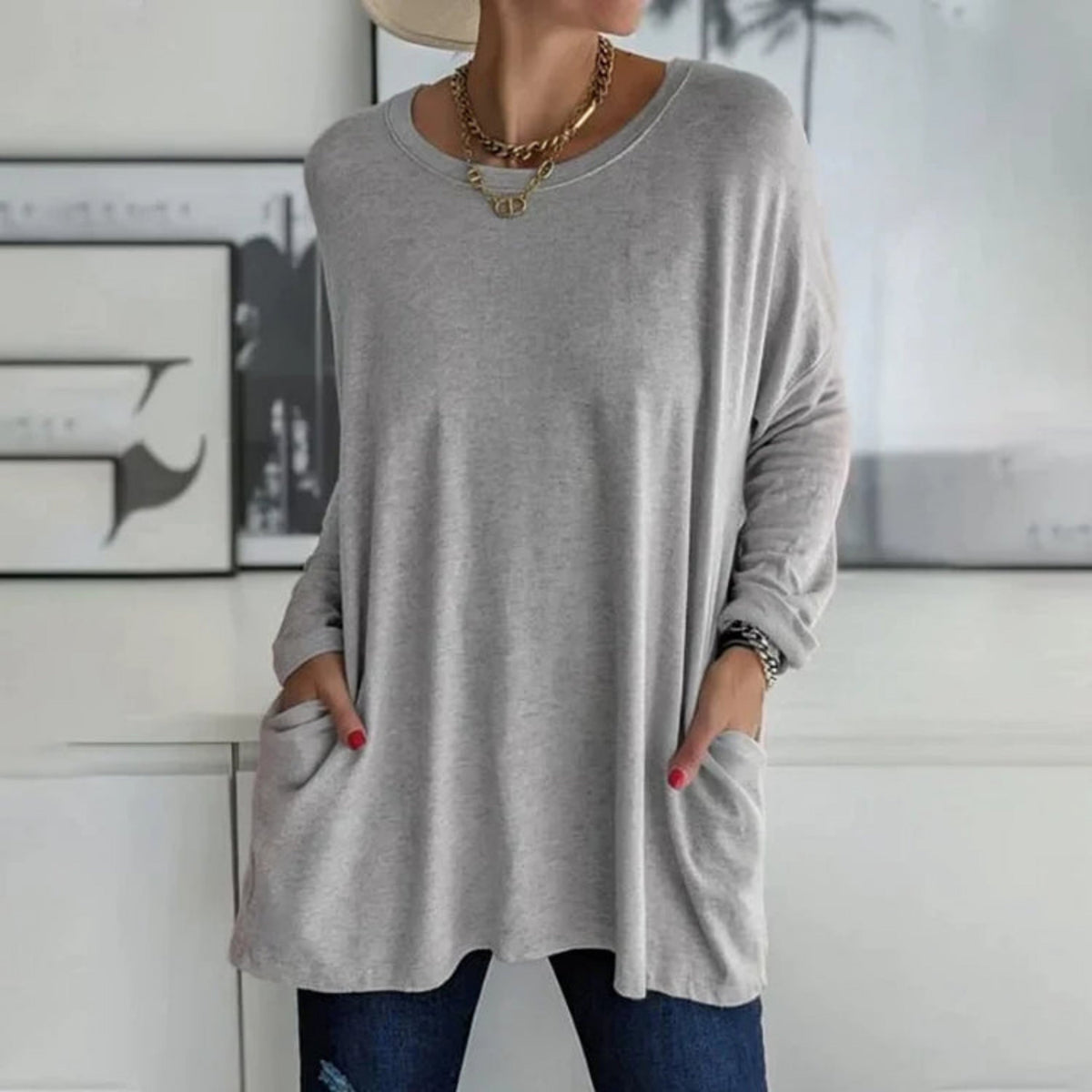 Women's Oversized Longline Knit Sweater - Casual Tunic Pullover with Pockets