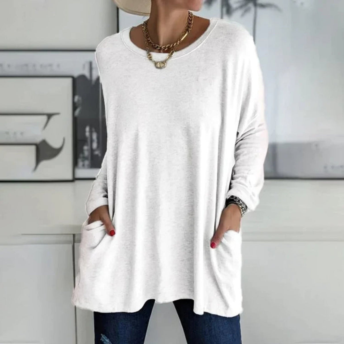 Women's Oversized Longline Knit Sweater - Casual Tunic Pullover with Pockets