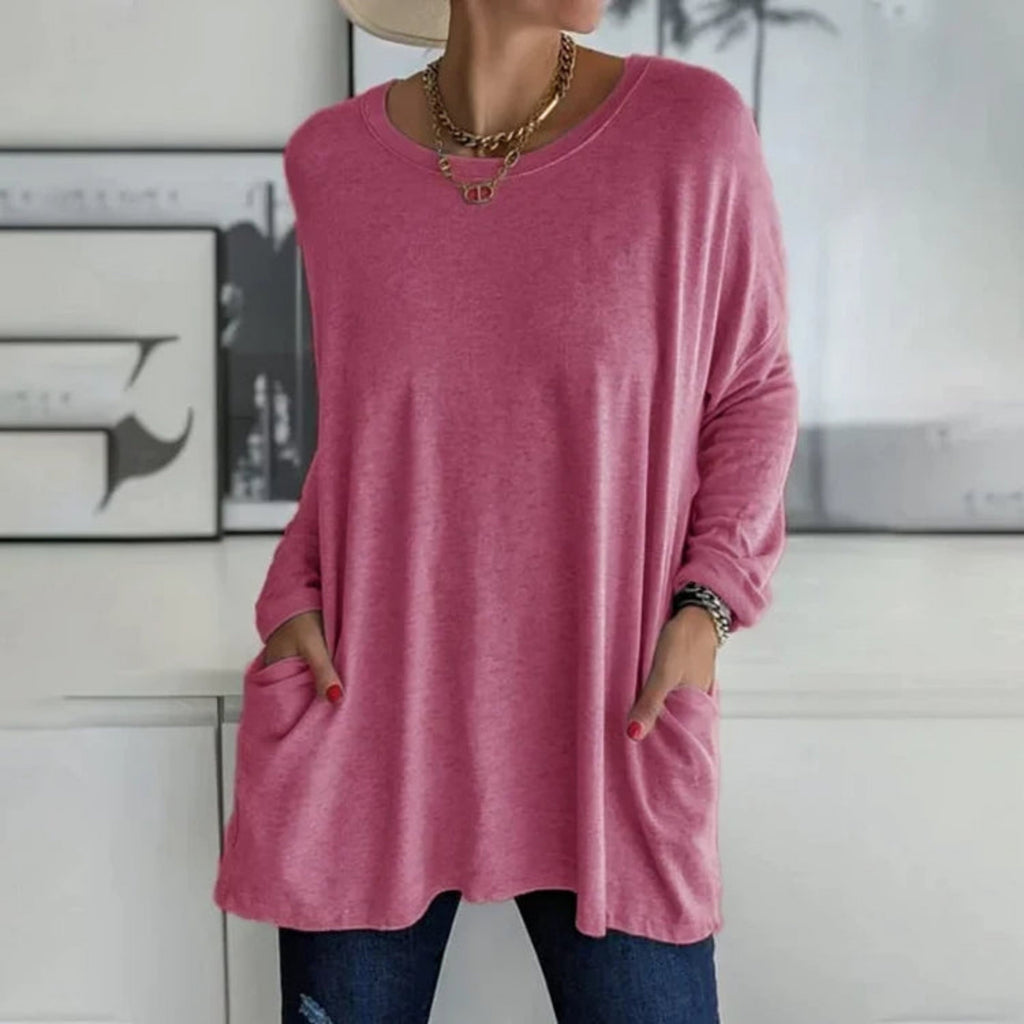 Women's Oversized Longline Knit Sweater - Casual Tunic Pullover with Pockets