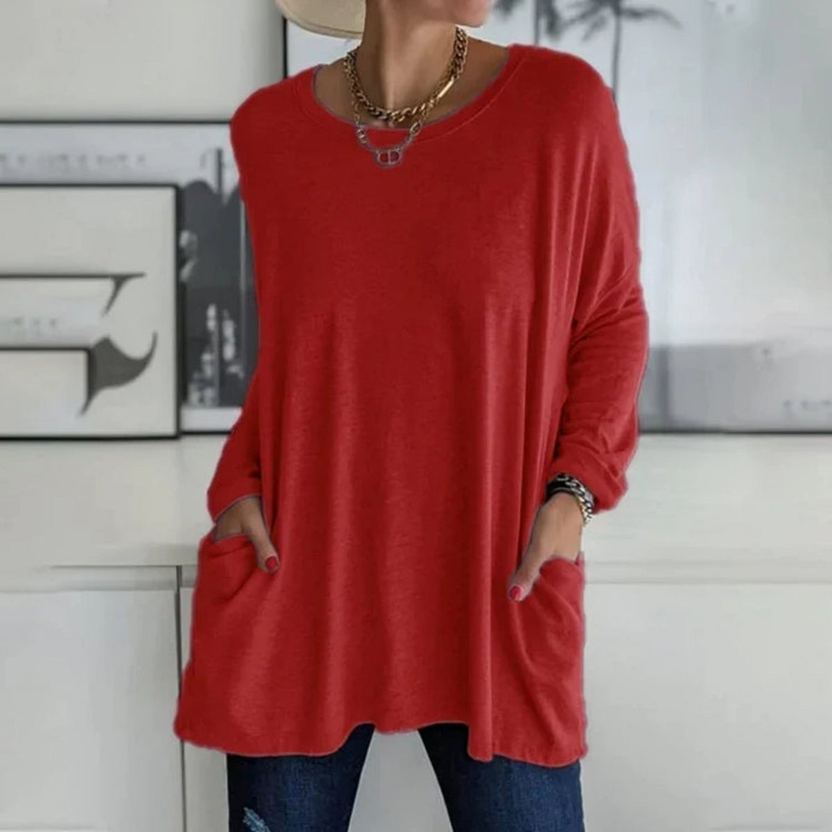 Women's Oversized Longline Knit Sweater - Casual Tunic Pullover with Pockets