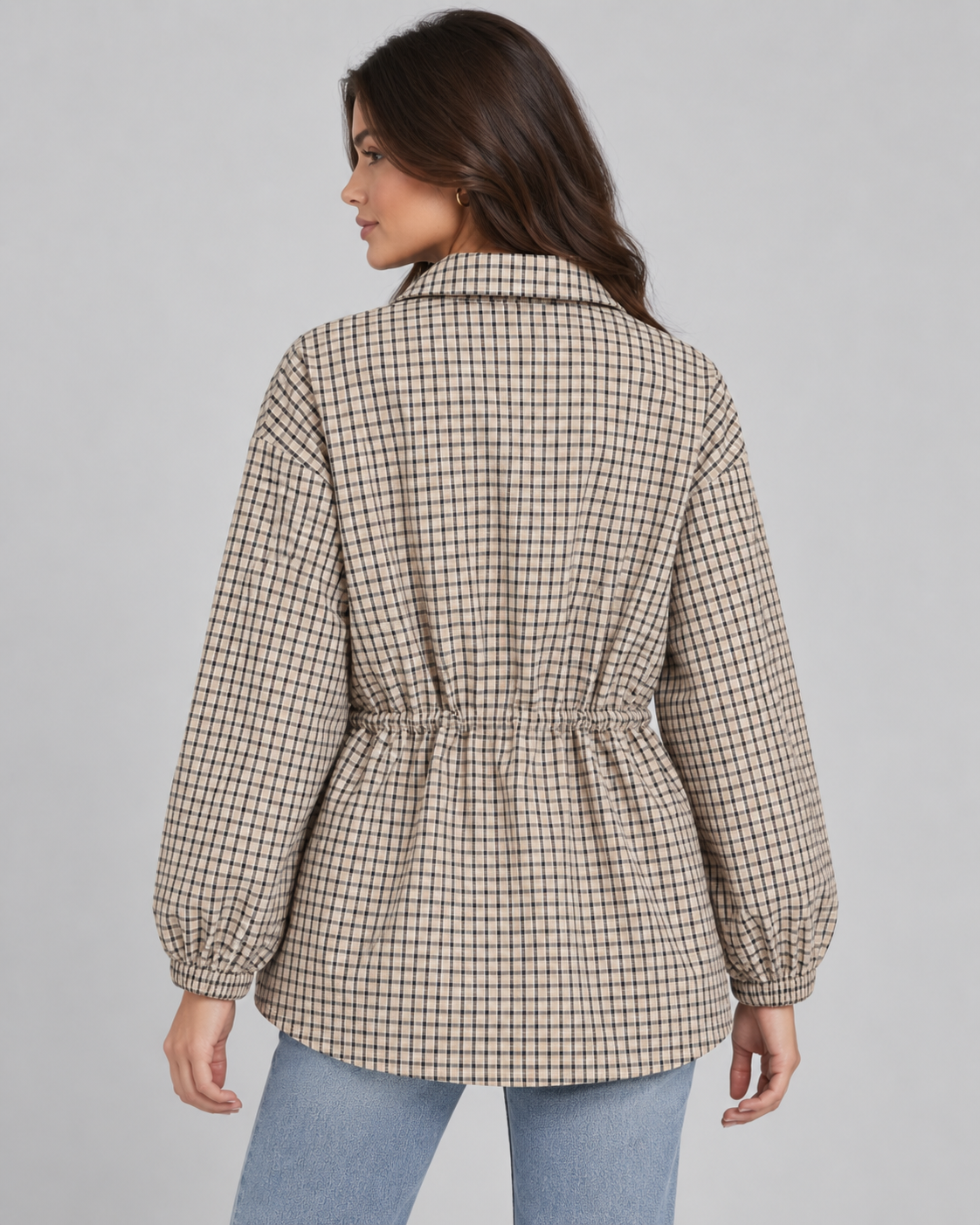Women's Plaid Utility Jacket – Snap-Front Drawstring Waist Shacket