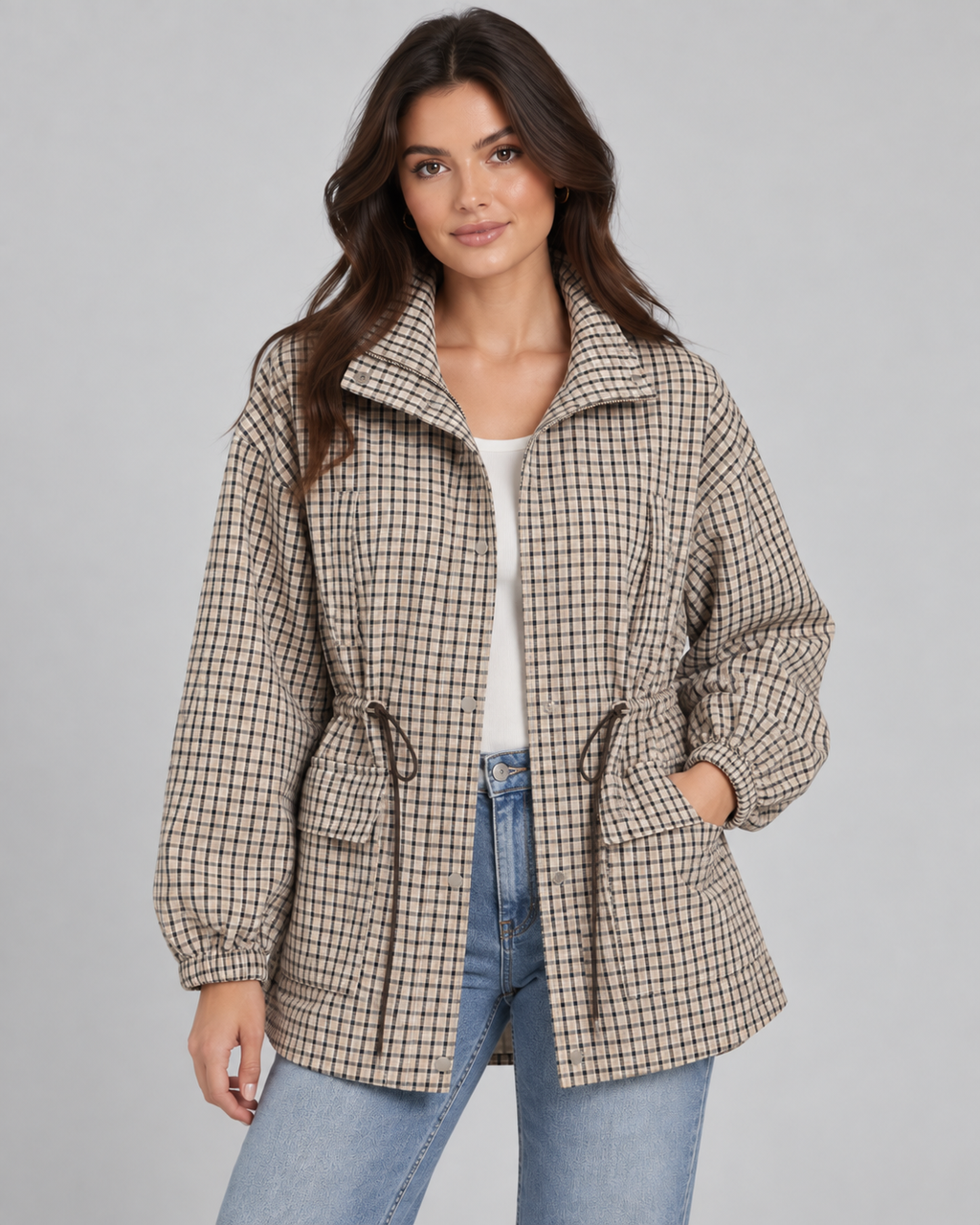 Women's Plaid Utility Jacket – Snap-Front Drawstring Waist Shacket
