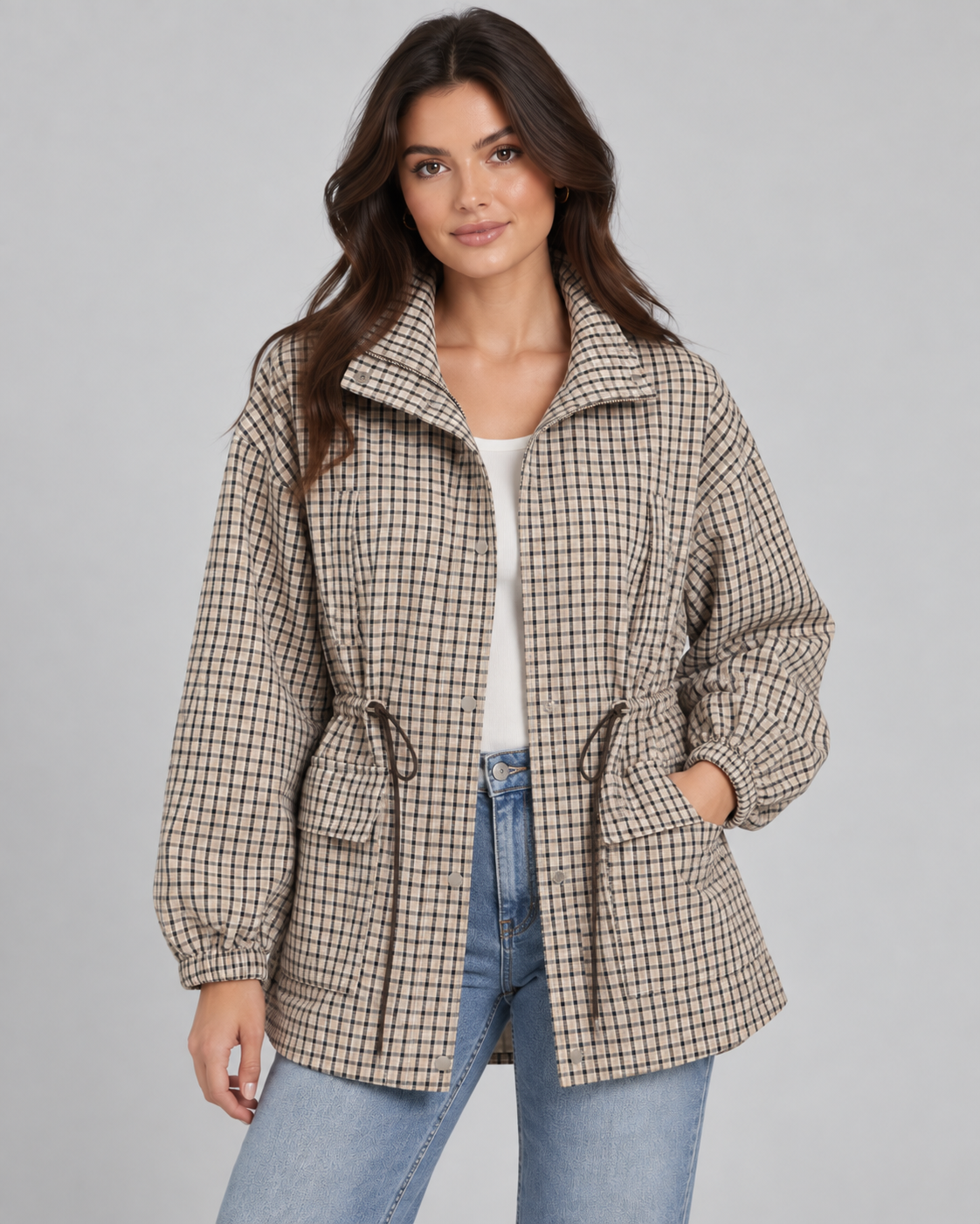 Women's Plaid Utility Jacket – Snap-Front Drawstring Waist Shacket