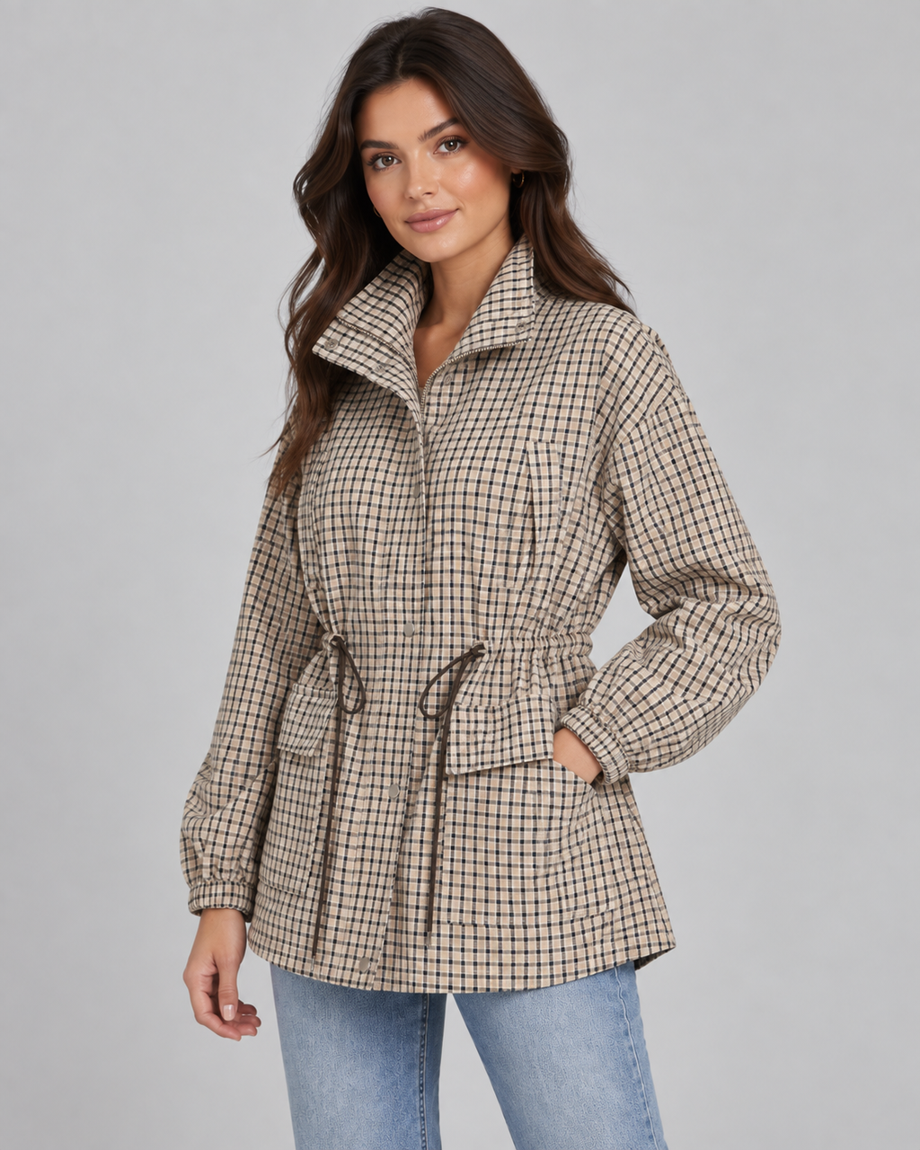 Women's Plaid Utility Jacket – Snap-Front Drawstring Waist Shacket