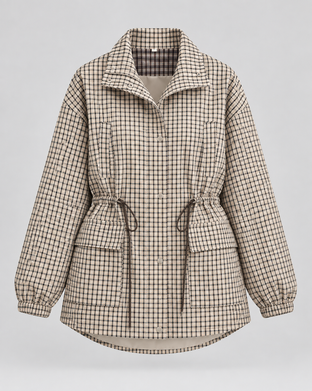 Women's Plaid Utility Jacket – Snap-Front Drawstring Waist Shacket