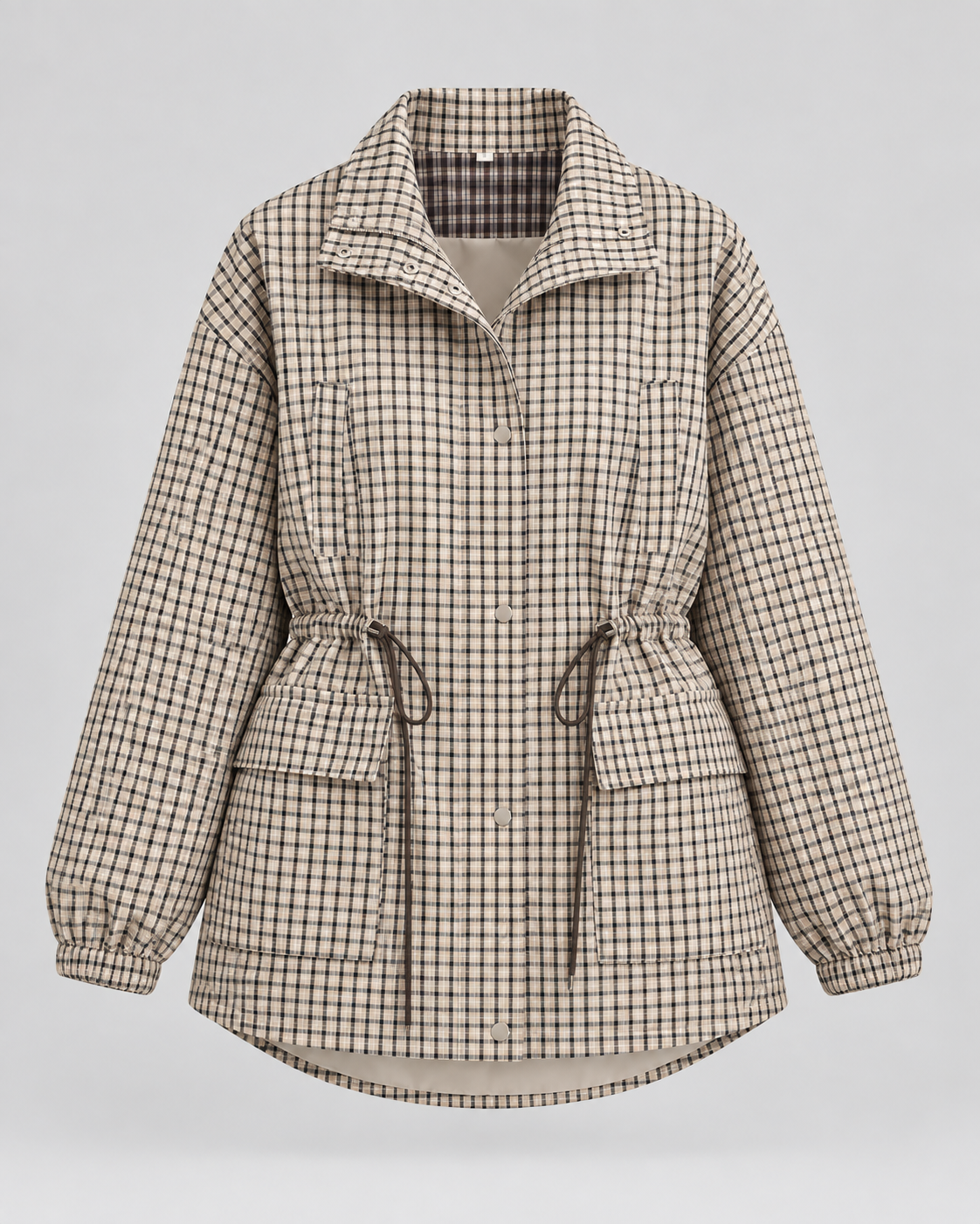 Women's Plaid Utility Jacket – Snap-Front Drawstring Waist Shacket