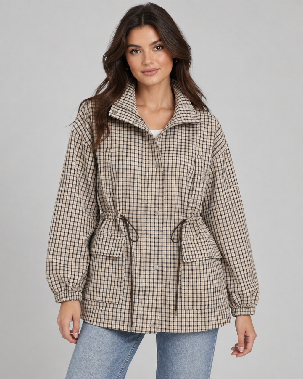 Women's Plaid Utility Jacket – Snap-Front Drawstring Waist Shacket