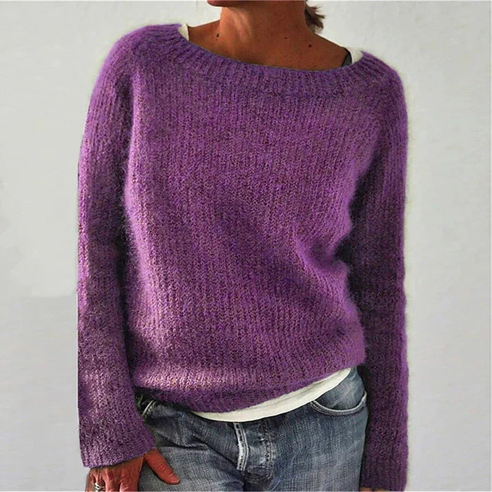Women's Boat Neck Fuzzy Knit Sweater – Relaxed Long Sleeve Pullover