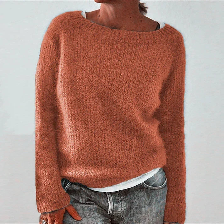 Women's Boat Neck Fuzzy Knit Sweater – Relaxed Long Sleeve Pullover