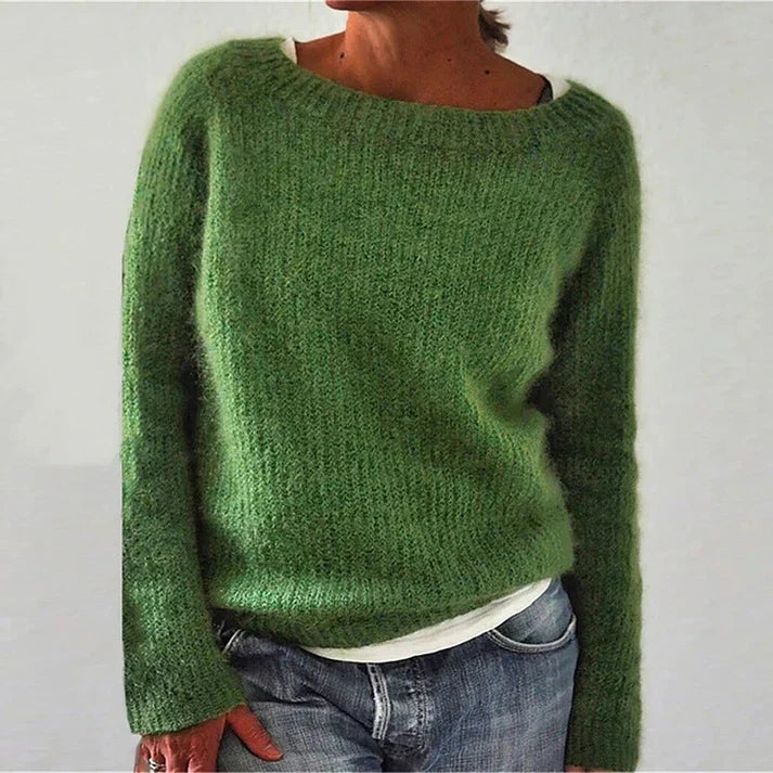 Women's Boat Neck Fuzzy Knit Sweater – Relaxed Long Sleeve Pullover