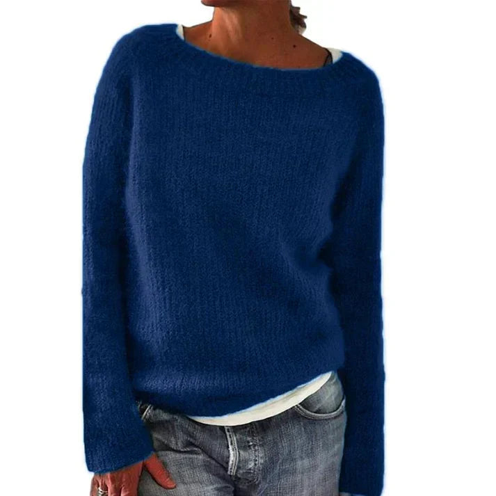 Women's Boat Neck Fuzzy Knit Sweater – Relaxed Long Sleeve Pullover