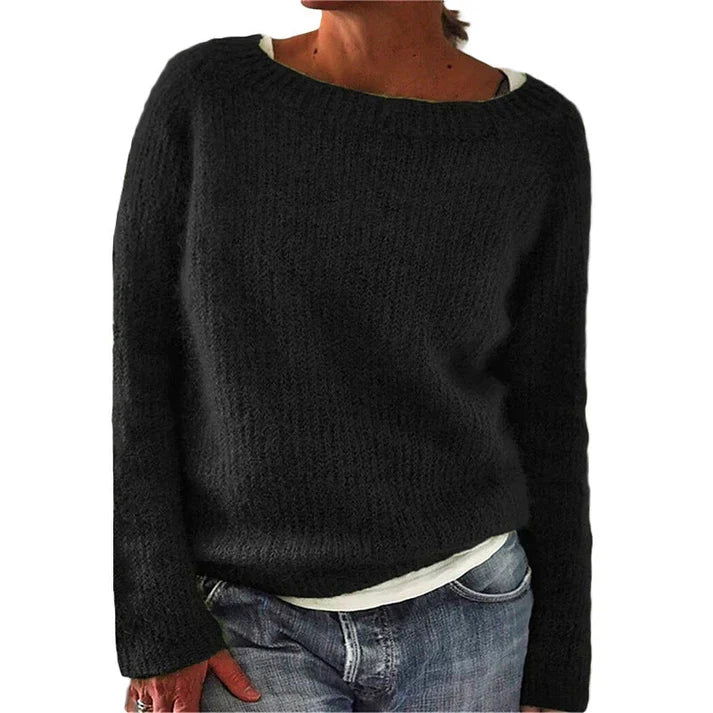 Women's Boat Neck Fuzzy Knit Sweater – Relaxed Long Sleeve Pullover