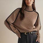 Women's Contrast Piping Turtleneck Sweater – Soft Voluminous Sleeve Knit