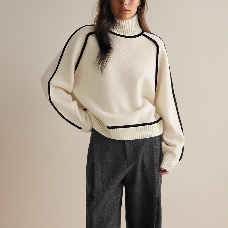 Women's Contrast Piping Turtleneck Sweater – Soft Voluminous Sleeve Knit