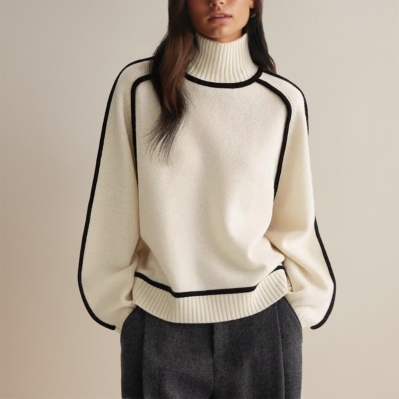 Women's Contrast Piping Turtleneck Sweater – Soft Voluminous Sleeve Knit