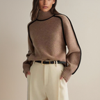Women's Contrast Piping Turtleneck Sweater – Soft Voluminous Sleeve Knit