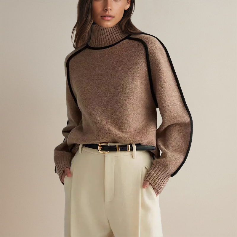 Women's Contrast Piping Turtleneck Sweater – Soft Voluminous Sleeve Knit