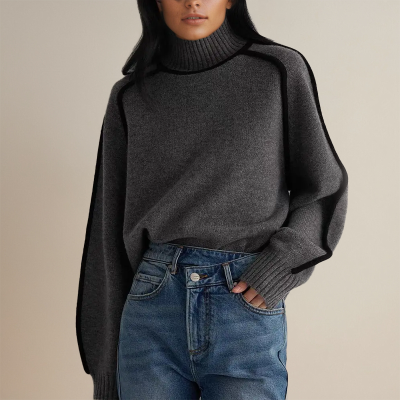 Women's Contrast Piping Turtleneck Sweater – Soft Voluminous Sleeve Knit