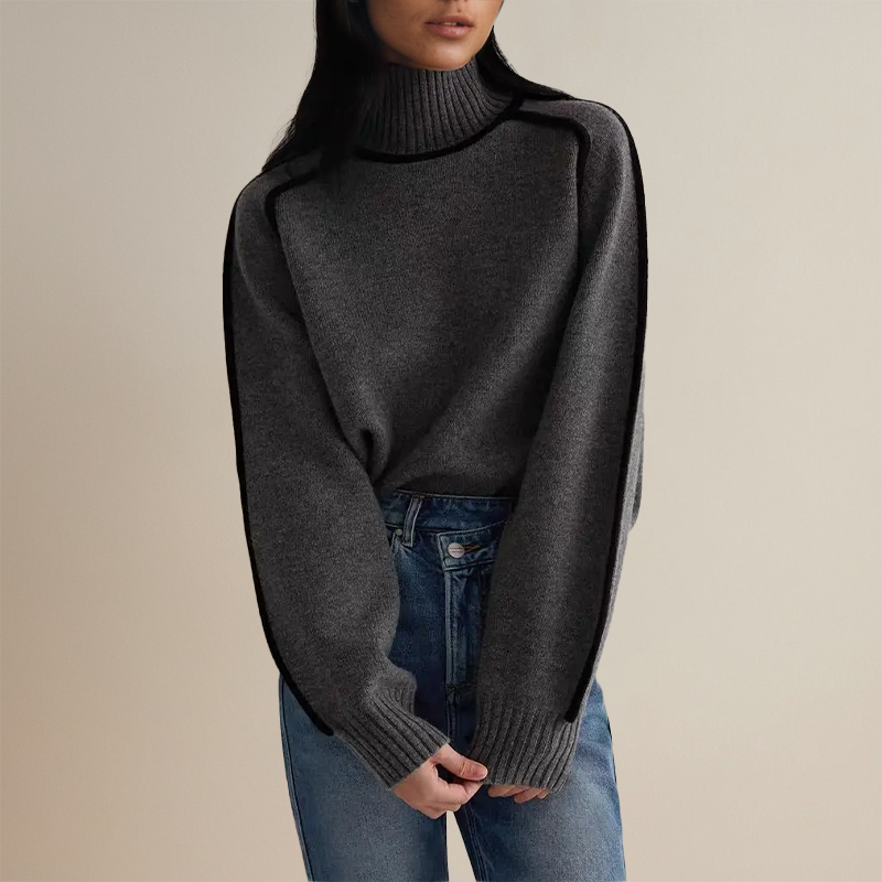 Women's Contrast Piping Turtleneck Sweater – Soft Voluminous Sleeve Knit