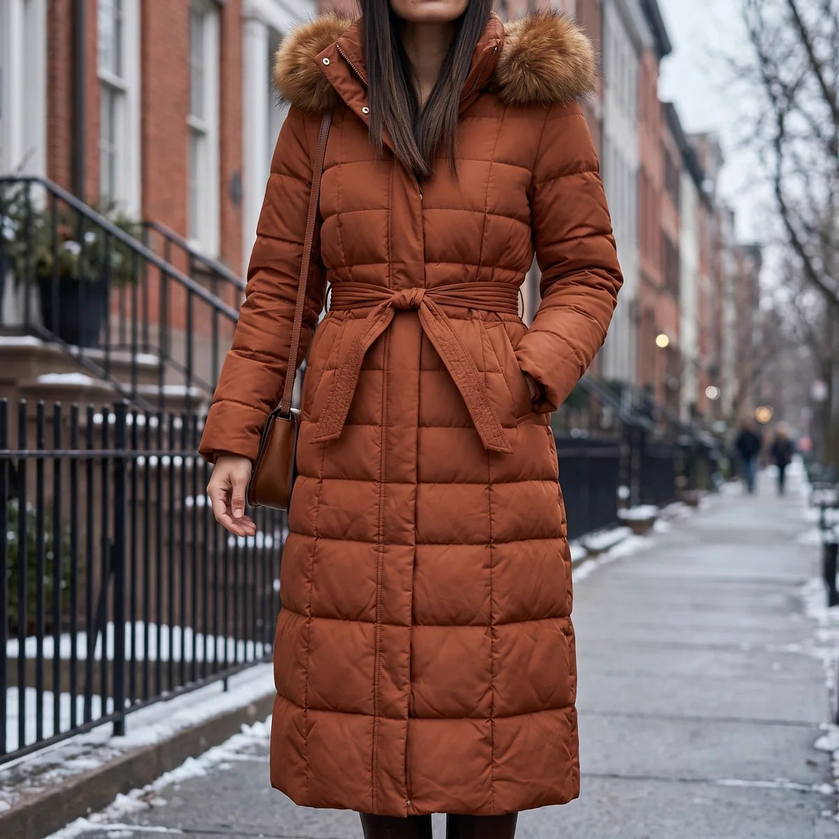 Women's Maxi Length Puffer Coat with Faux Fur Hood – Ankle Length Quilted Winter Coat