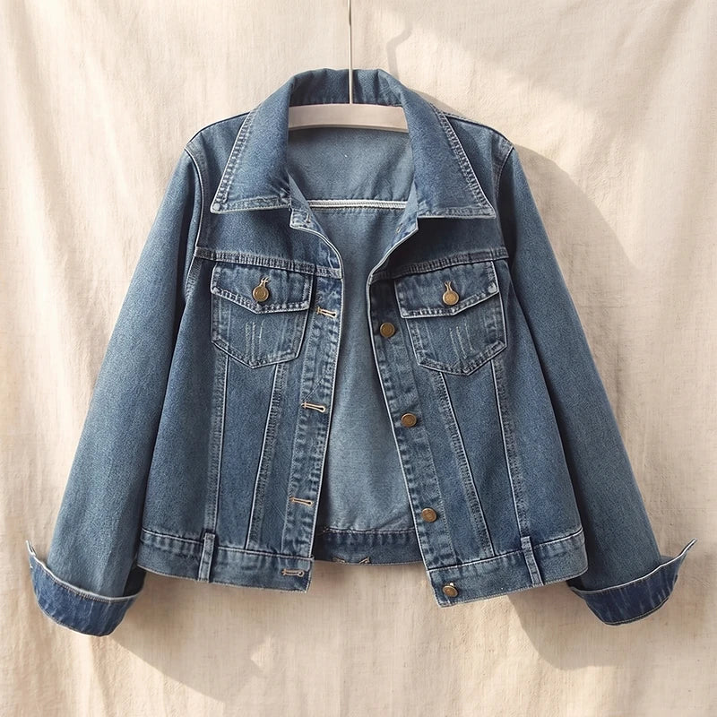 Women's Cropped Denim Trucker Jacket – Washed Classic Jean Jacket