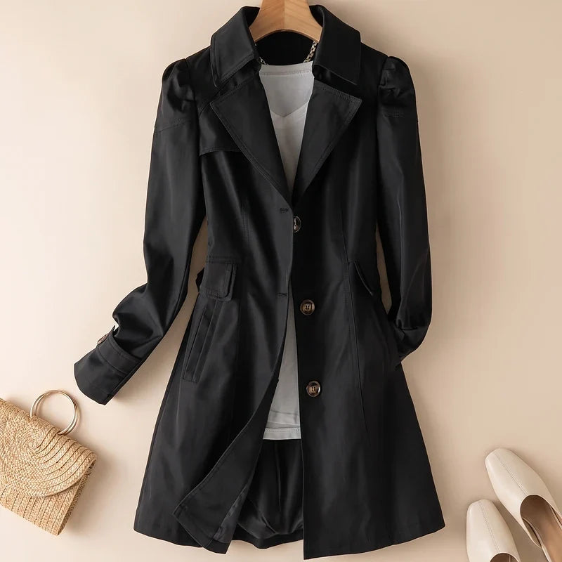 Women's Puff Shoulder Trench Coat – A-Line Mid-Length Romantic Trench