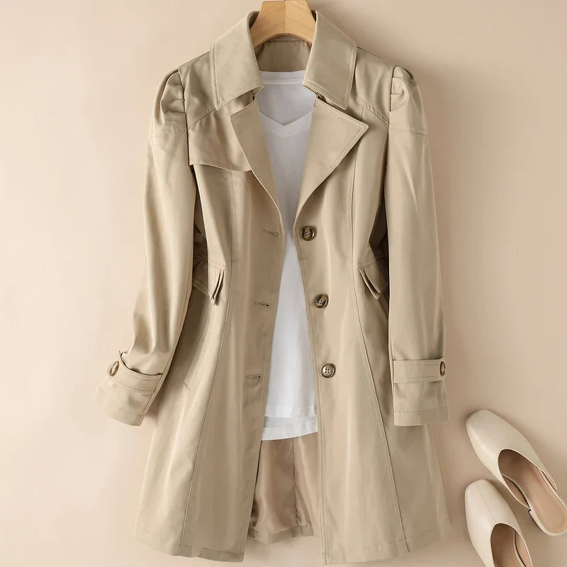 Women's Puff Shoulder Trench Coat – A-Line Mid-Length Romantic Trench