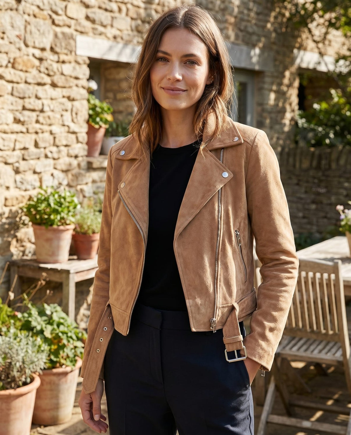 Women's Faux Suede Moto Jacket – Slim Fit Zip-Front Biker Jacket