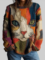 Women's Artistic Cat Print Top – Relaxed Fit Boho Patchwork Blouse