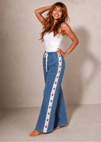 Women's Wide Leg Jeans with Star Side Stripe – Elastic Waist Casual Denim