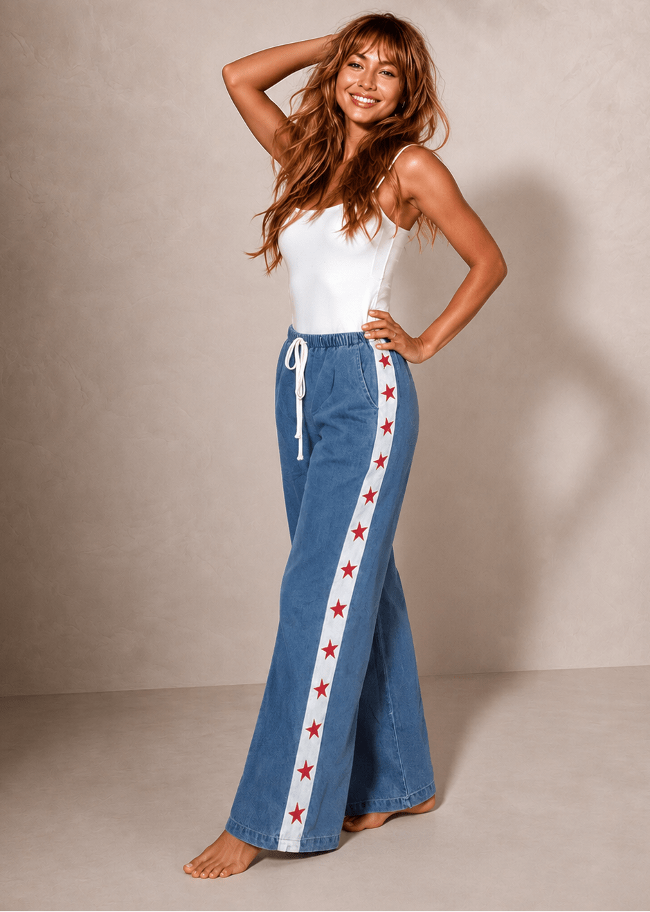 Women's Wide Leg Jeans with Star Side Stripe – Elastic Waist Casual Denim