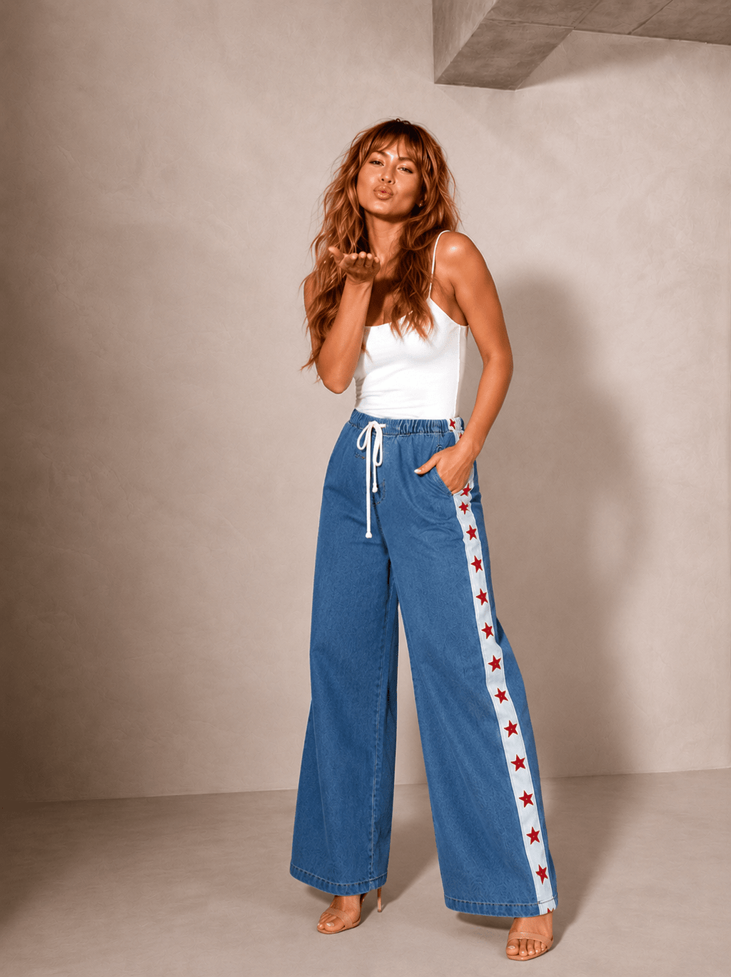 Women's Wide Leg Jeans with Star Side Stripe – Elastic Waist Casual Denim