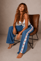 Women's Wide Leg Jeans with Star Side Stripe – Elastic Waist Casual Denim