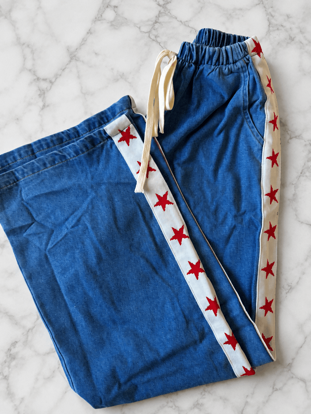 Women's Wide Leg Jeans with Star Side Stripe – Elastic Waist Casual Denim