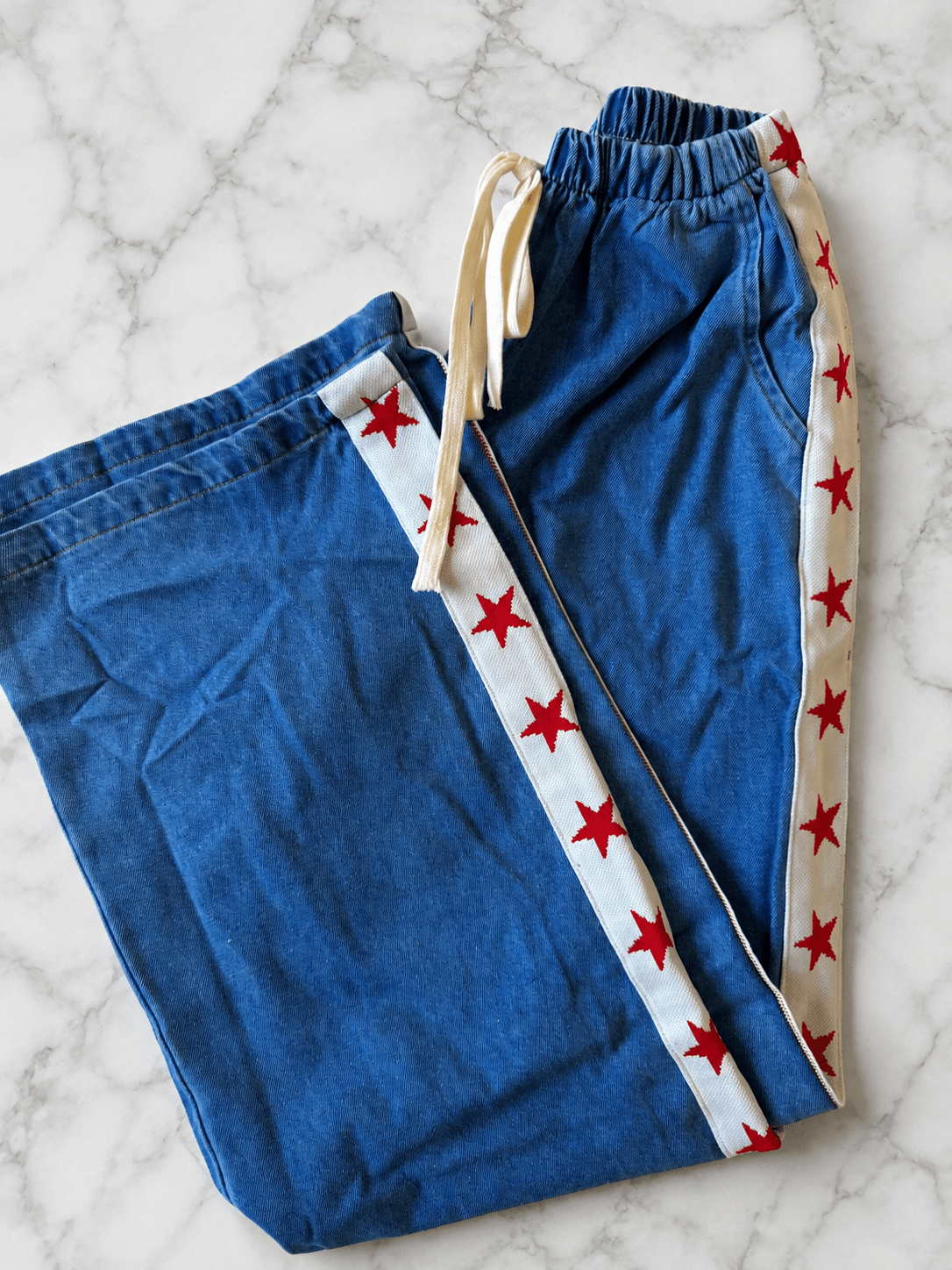 Women's Wide Leg Jeans with Star Side Stripe – Elastic Waist Casual Denim