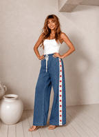 Women's Wide Leg Jeans with Star Side Stripe – Elastic Waist Casual Denim