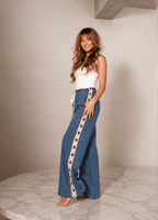 Women's Wide Leg Jeans with Star Side Stripe – Elastic Waist Casual Denim